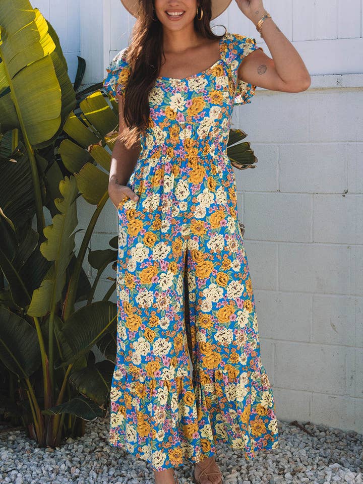 Easter Floral Wide Leg Jumpsuit Cutout High Waist Boho Style for wholesale by Suhkasana