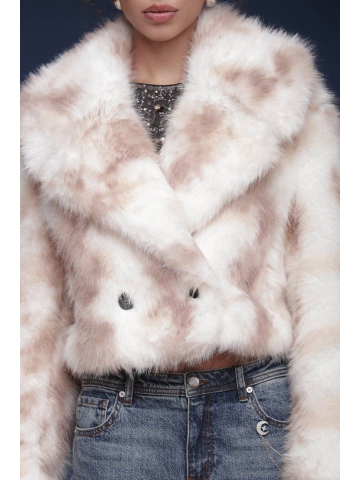 Cream Tan Marbled Faux Fur Cropped Coat for wholesale on Faire3