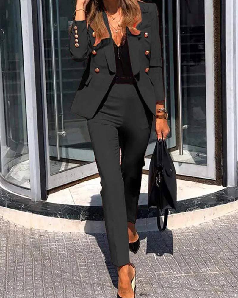 Fashion Combination - Wholesale Top & Skirt Set - Women's - shawl collar double breasted blazer pants set2