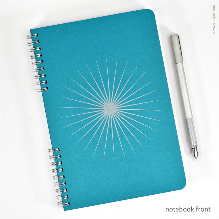 Big Burst Spiral Notebook with Teal Cover + Silver Ink #505 for wholesale by Inkello Letterpress