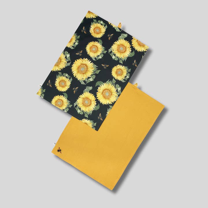 RHS Sunflower & Bee Tea Towels – Set of 2, 100% Cotton, Navy for wholesale by Dexam UK