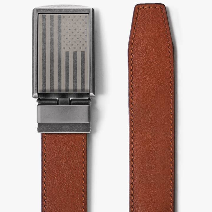 Full Grain Walnut Belt - Flag Graphite Buckle for wholesale by SlideBelts