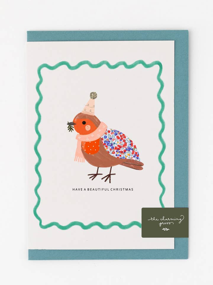 Biglietto di Natale con pettirosso in tessuto Liberty Wiltshire Bud per la vendita all'ingrosso da parte di The Charming Press