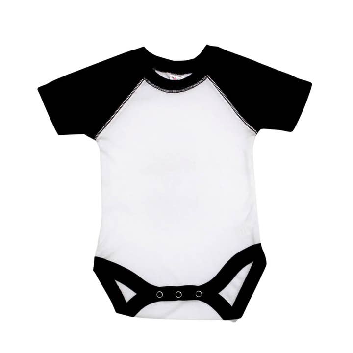 Baby Short Sleeve Polyester Raglan Bodysuit | Open Sizing for wholesale by Laughing Giraffe