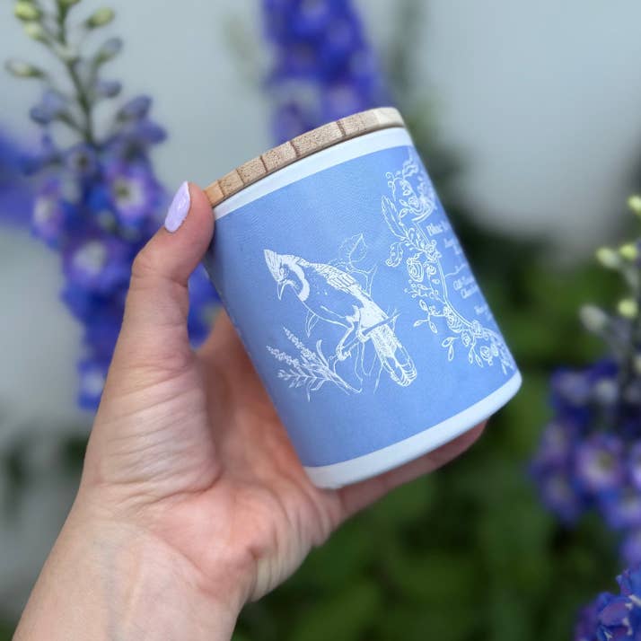 Feather & Flame Inc - Wholesale Jar/filled candle - "Blue Jay at Dusk " - Lavender Dreams 100% Soy Wax Candle6