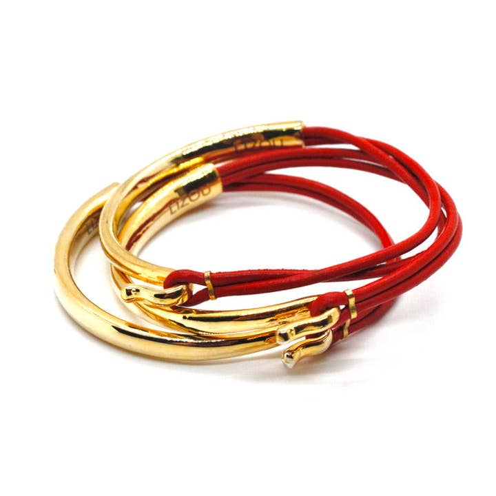 Red Leather + 24K Gold Plate Bangle Bracelet for wholesale by LIZOU