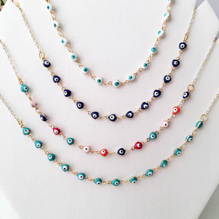 Evileyefavor - Wholesale Beaded/Pearl Necklace - Evil Eye Necklace, Evil Eye Bead Necklace, Tiny Evil Eye Charms, Blue Evil Eye Necklace