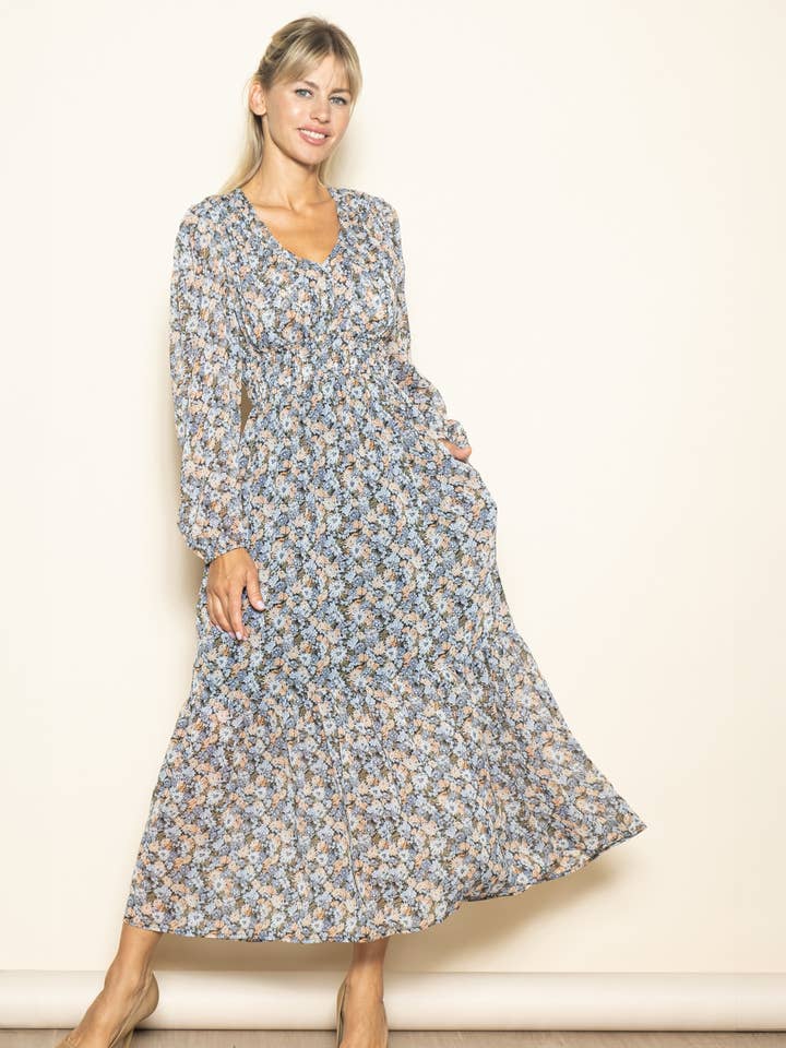 V Neck Long Sleeve Wide Flare Floral Maxi Dress w Pockets for wholesale by Elloh Collection