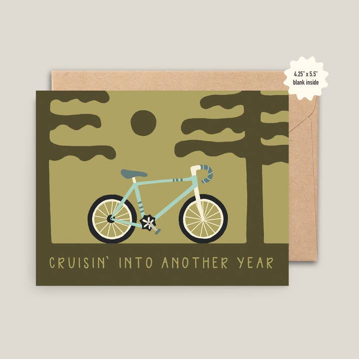 Cruising into Another Year | Bike Birthday Card for wholesale by Bri Kuffell Art