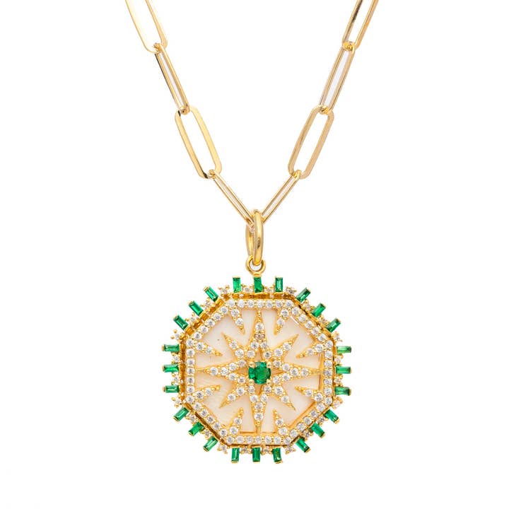 Starburst Necklace with Mother of Pearl, Emerald CZ for wholesale by Rachel Reinhardt