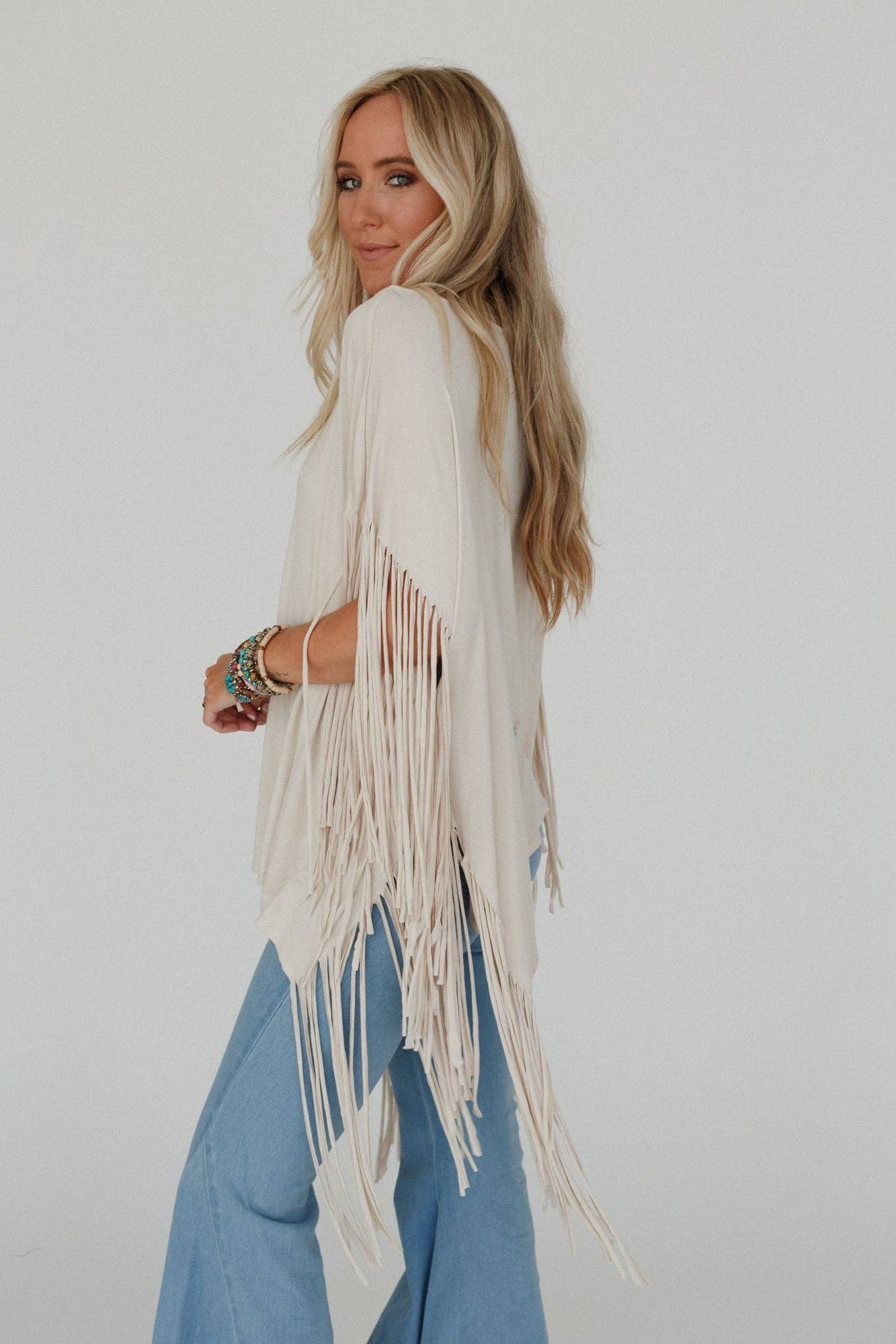 Three Bird Nest - Wholesale Knit Top - Women's - Western Showstopper Fringe Top - Oat5