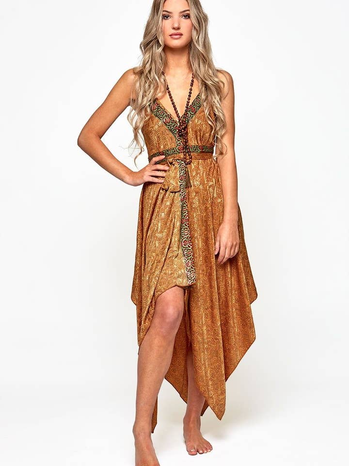 Fiery Upcycled Sari Midi Dress for wholesale by Guru