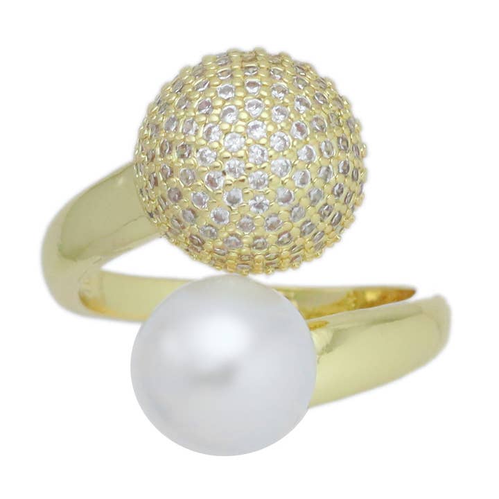 CZ hvid perleguld kuppel justerbar ring, Sku #LD602 for engroshandel hos BestBeads&Beyond