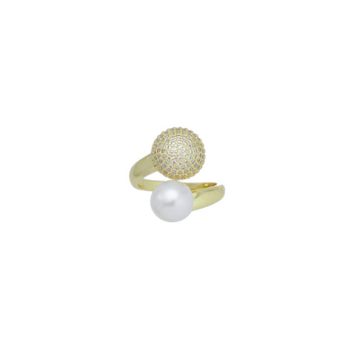 CZ White Pearl Gold Dome Adjustable Ring, Sku#LD602 for wholesale by BestBeads&Beyond