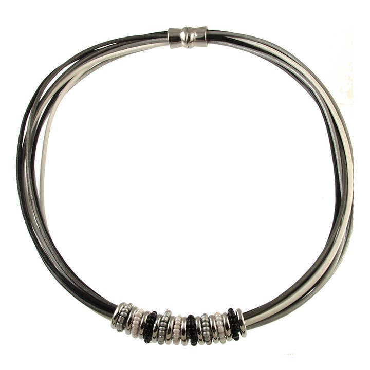 Rhodium Magnetic Clasp Leather Necklace - Multi Tones for wholesale by Origin Jewelry