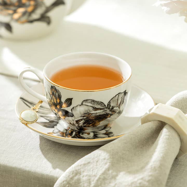 Grace Teaware - Wholesale Tea Set - Black Gold Peony 7oz Fine Porcelain Tea Cup and Saucer