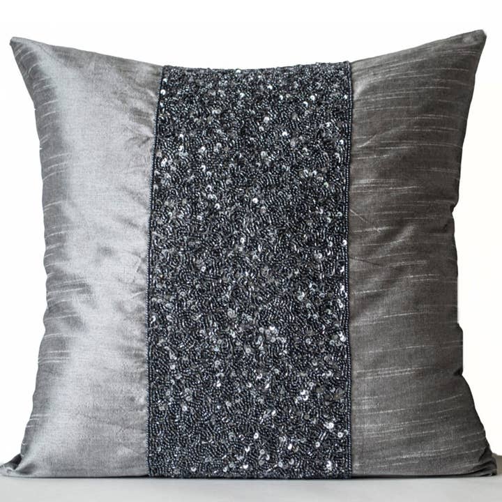 Grey beaded Pillows -Grey Silk Metallic Pillow cover -Sparkle Pillow -Gray Beads Embroidered Pillow -16x16 -Gift -Beaded Cushions -Grey Bead for wholesale by Amore Beauté
