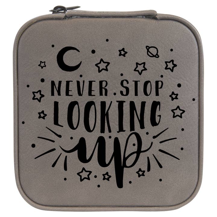 Never Stop Looking Travel Leatherette Jewelry Box - Grey for wholesale by The Purple Chickadee
