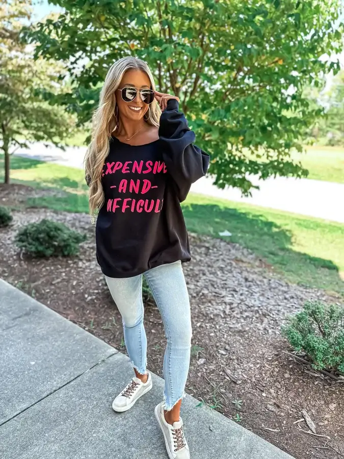 birdie - Wholesale Graphic Sweatshirt - Women's - Expensive & Difficult Puff Off Shoulder Graphic Crewneck1