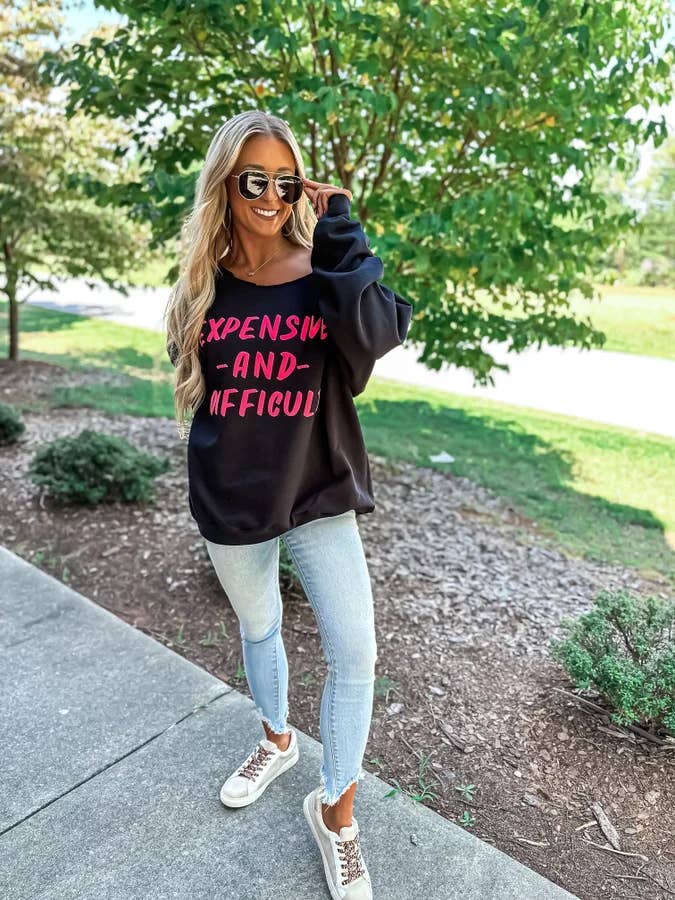 birdie - Wholesale Graphic Sweatshirt - Women's - Expensive & Difficult Puff Off Shoulder Graphic Crewneck1