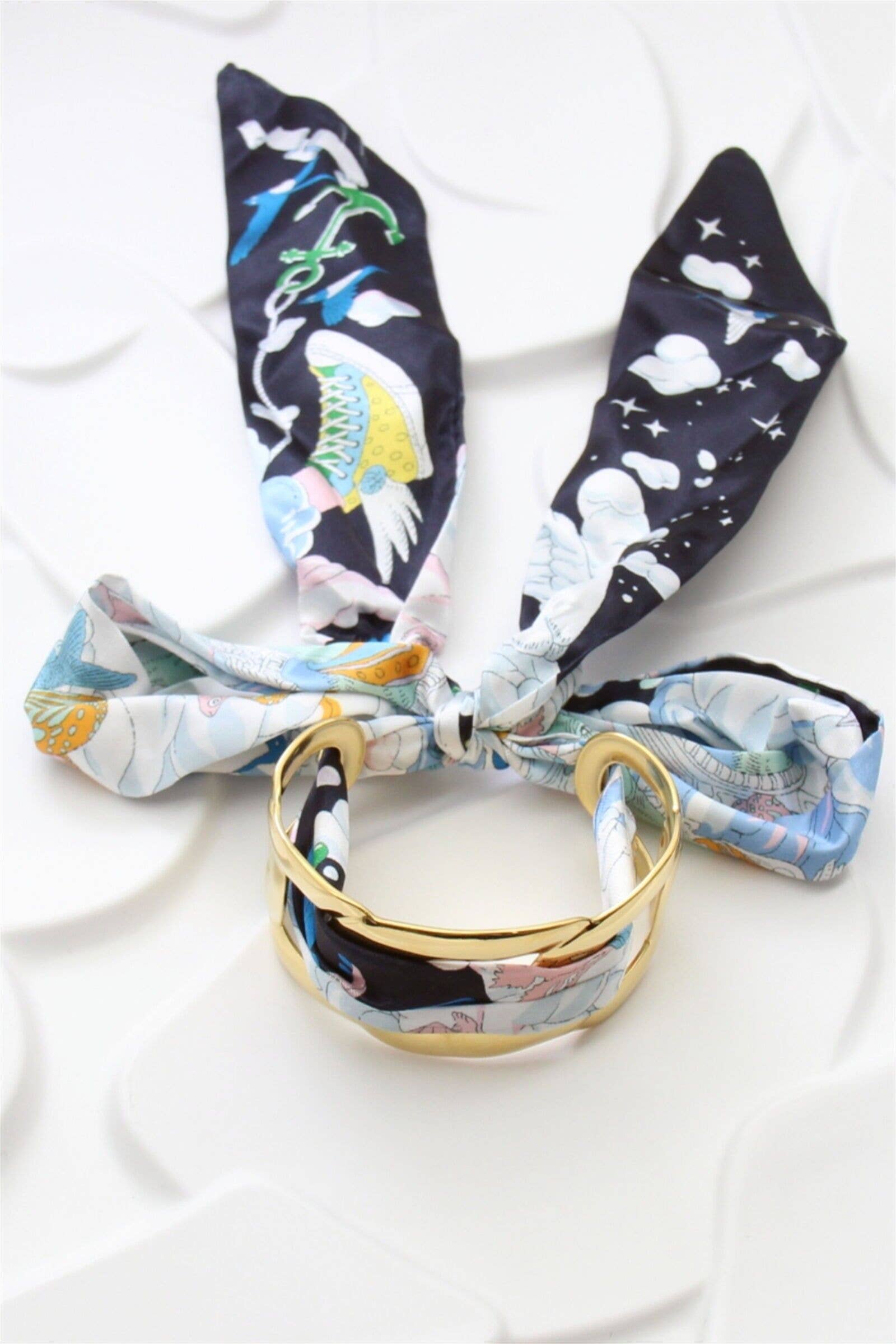 BELLISSIMA BIJOUX - Wholesale Cuff Bracelet - Gold Bangle Bracelet With Printed Fabric Ribbon1