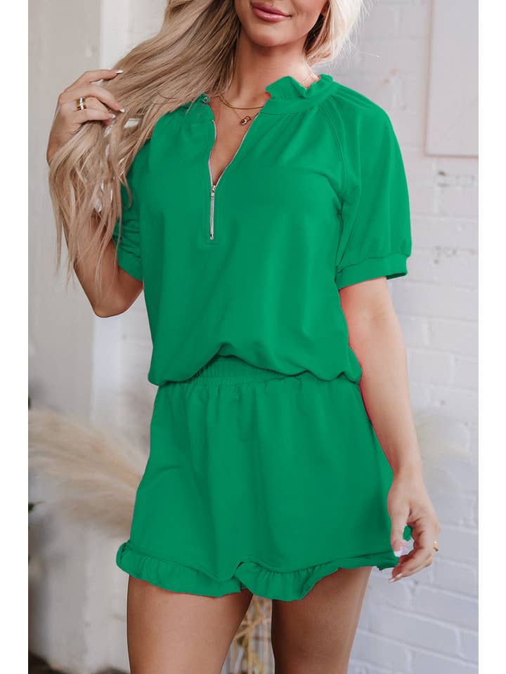 Aapparella - Wholesale Lounge Set - Women's - Pink Zip Front Puff Sleeve Top & Ruffled Shorts Set | S-XL