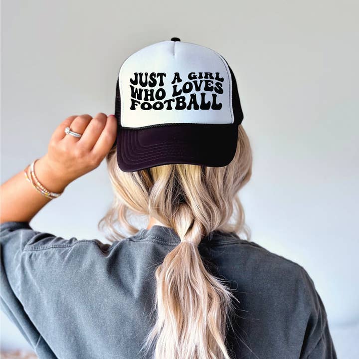 Just a Girl Who Loves Football DTF Printed Black and White Trucker Hat for wholesale by Southern Attitude Designs Inc