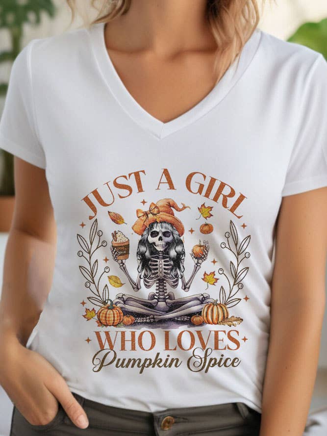 Just a Girl Who Loves Pumpkin Spice, Thanksgiving, Unisex V-neck T-Shirt for wholesale by Top Avenue