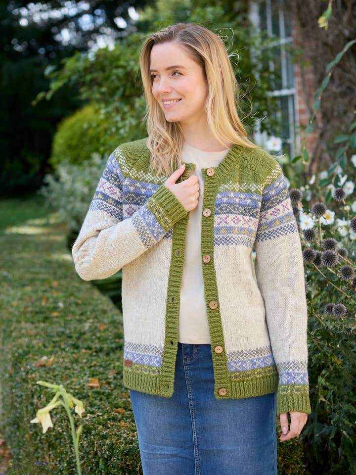Classic Fair Isle Women's Wool Knit Cardigan Olive for wholesale by Pachamama Ltd