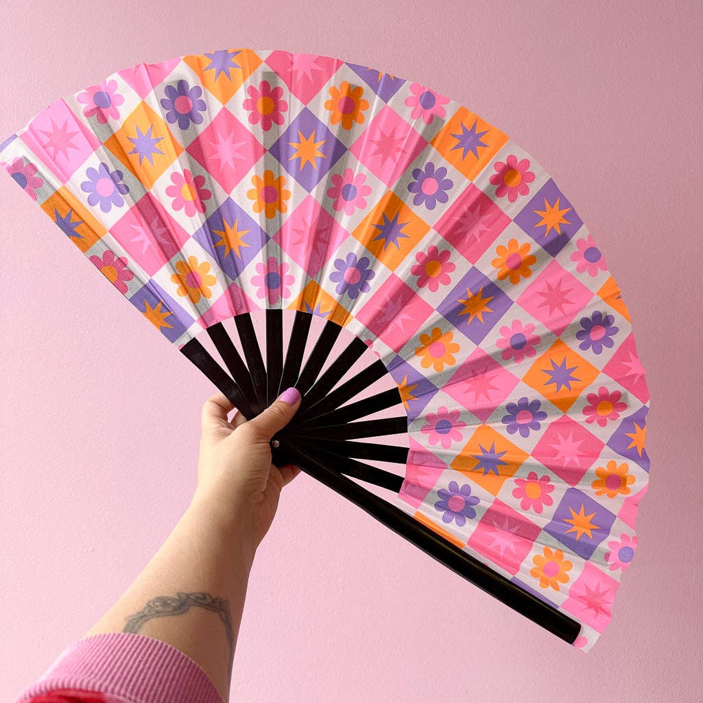 Esoteric London – wholesale Handheld folding fan – Giant Clacking Hand Fan with Retro Floral Squares print (Glows in UV!)0