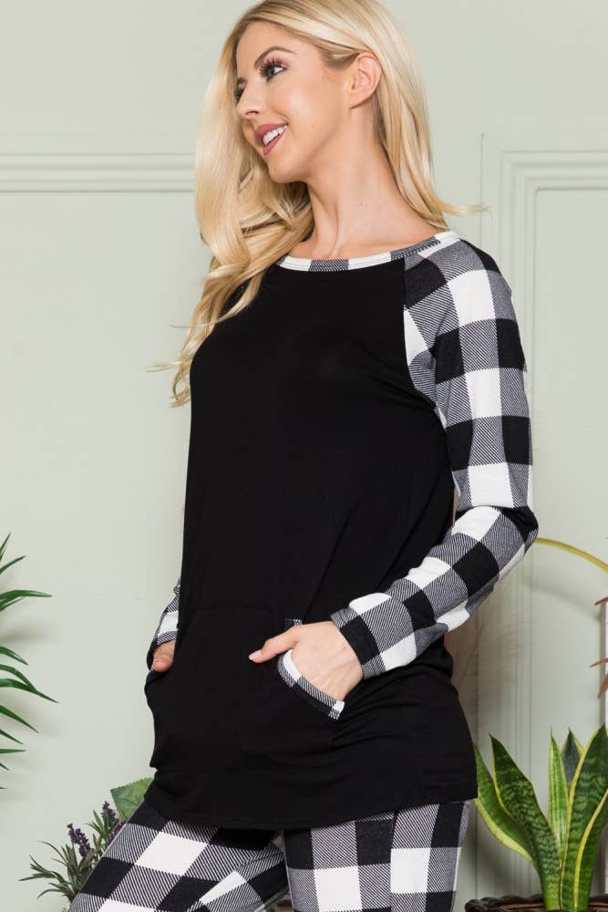 Celeste Clothing - Wholesale Knit Top - Women's - CT43591-SOLID TOP WITH PLAID CONTRAST SLEEVE10