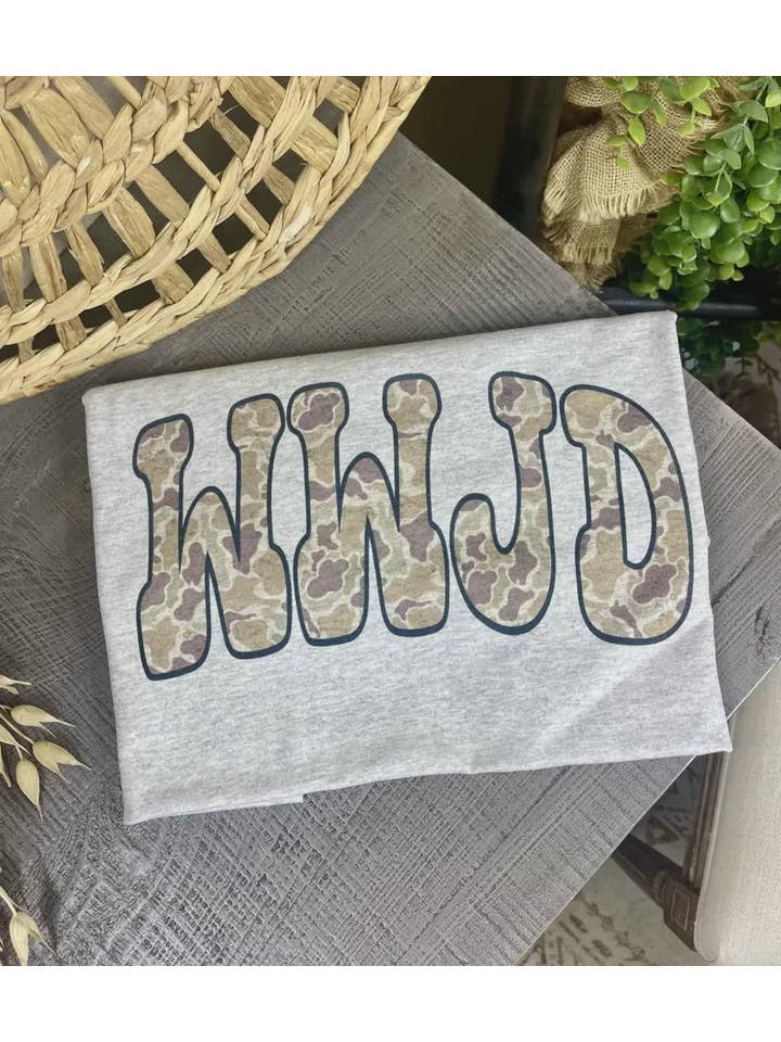 Ash Grey WWJD Camo (Gildan Tee) for wholesale on Faire
