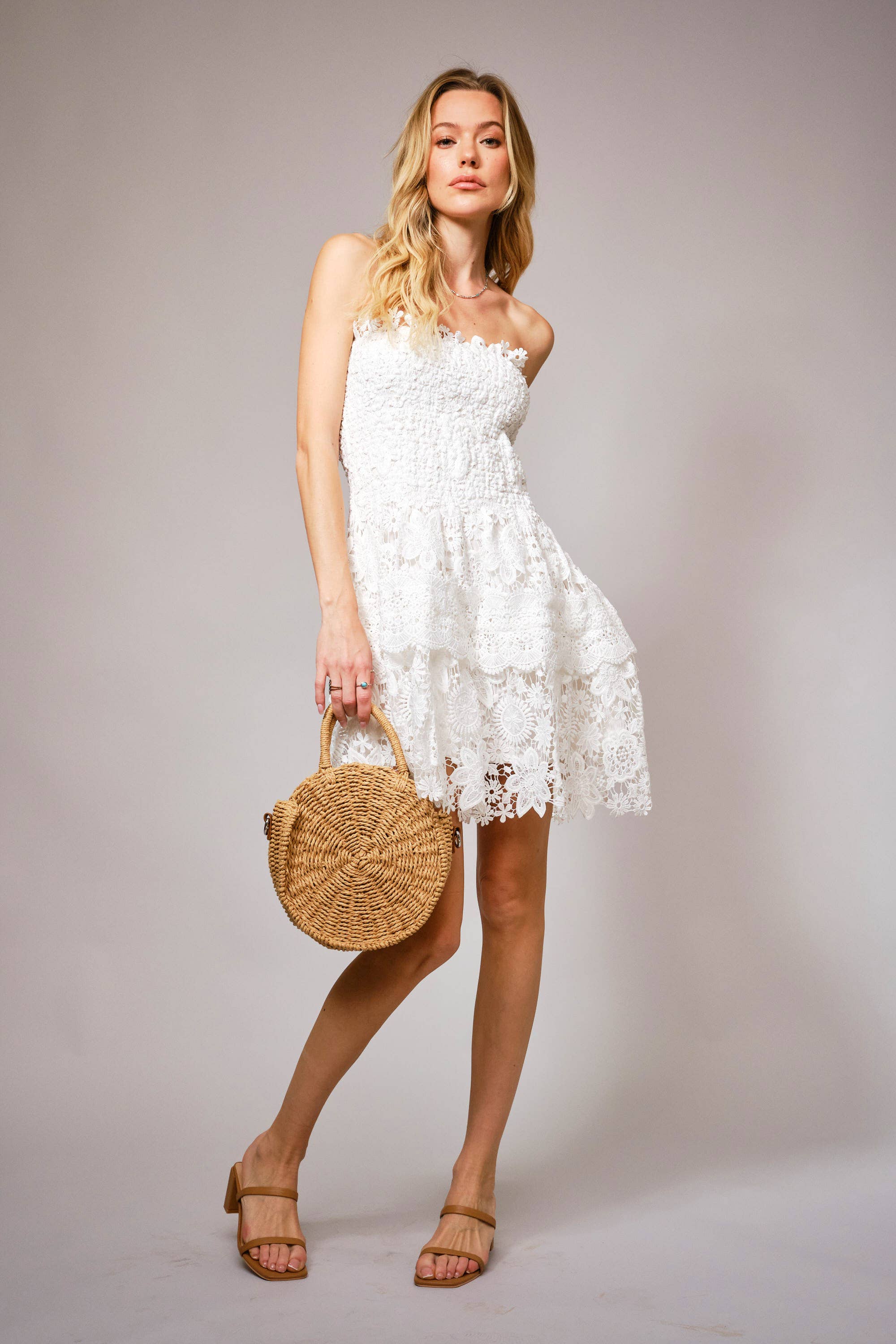 OFF WHITE 36861D - Strapless Shirred Guipure Lace Mini Dress for wholesale on Faire4