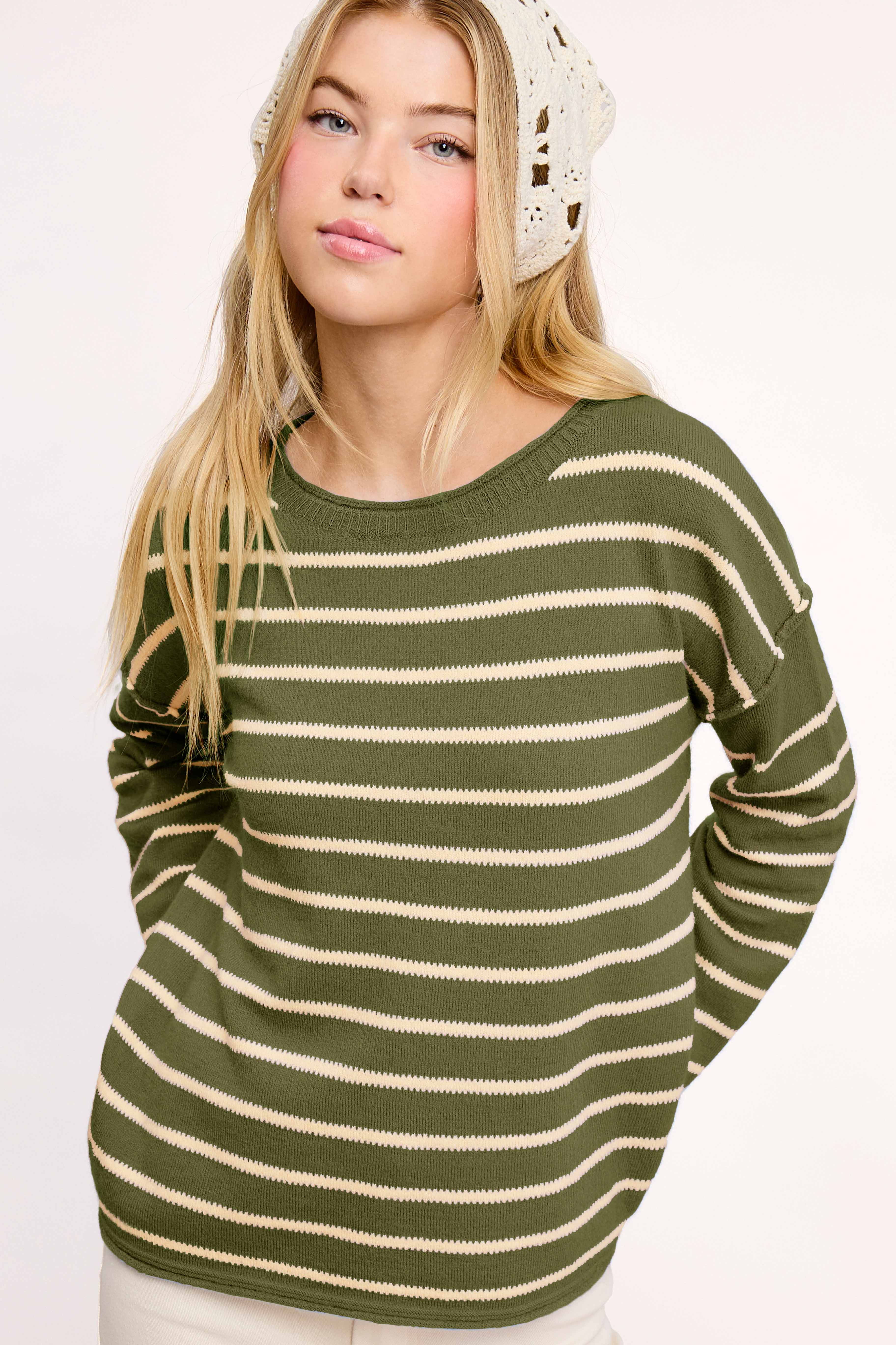 La Miel - Wholesale Knit Sweater - Women's - MCS3588-Striped Round Neck Loose Fit Long Sleeve Sweater21