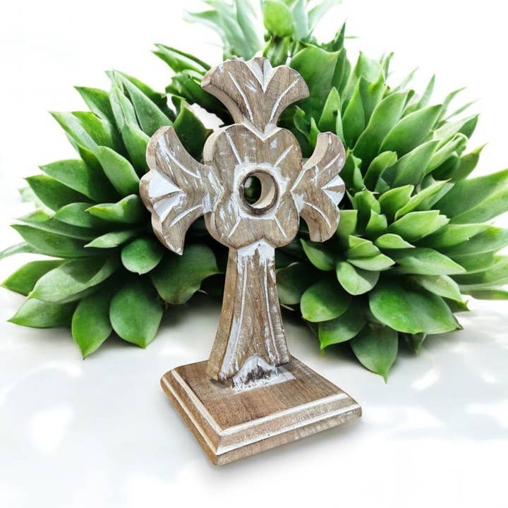 Handmade Mango Wood Hand-Carved Double-Sided Table Cross  for wholesale by Wilco Home
