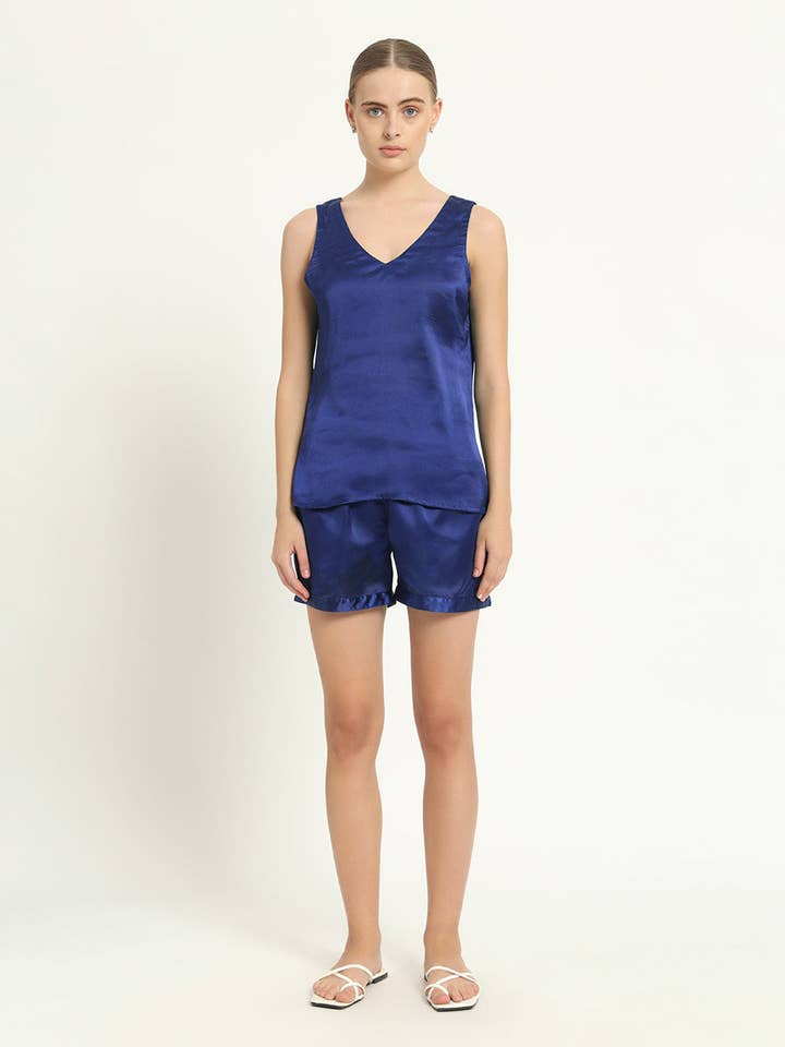 Satin V Neck Camisole- Shorts Lapis Purple PJ Set for wholesale by Thevasa