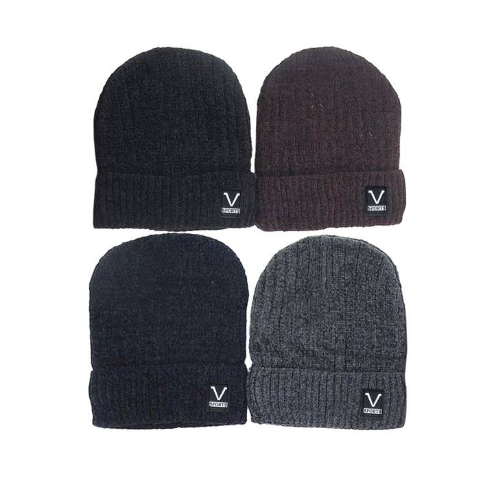 Cap Zone - Wholesale Beanie - Unisex - Chenille Fleece Lined Flat Knitted Cuffed Beanie