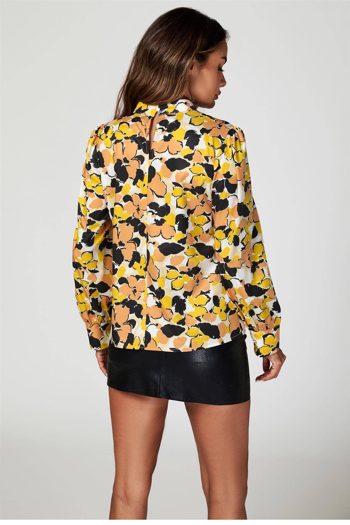 Floral Print Long Sleeve High Neck Top In Yellow for wholesale on Faire1