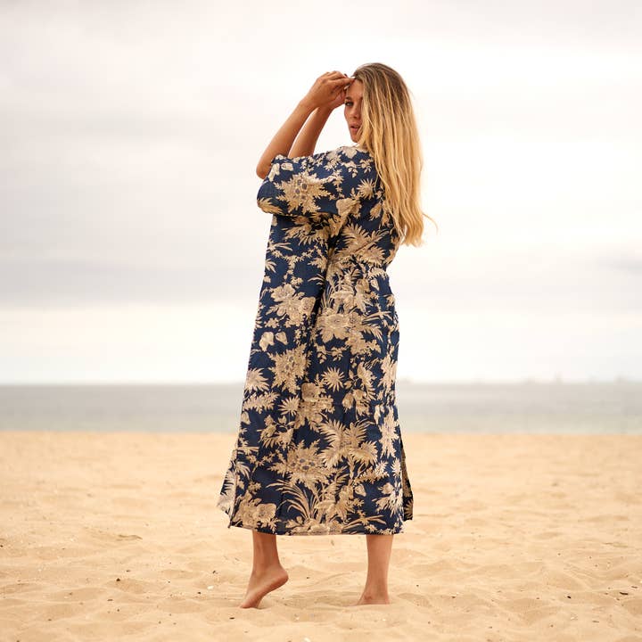 Linen Connections – Großhandel Kaftan – Damen – Kaftan Kimono Kaftan Sommerkleid aus Baumwolle Doppelter Prozess Blau1