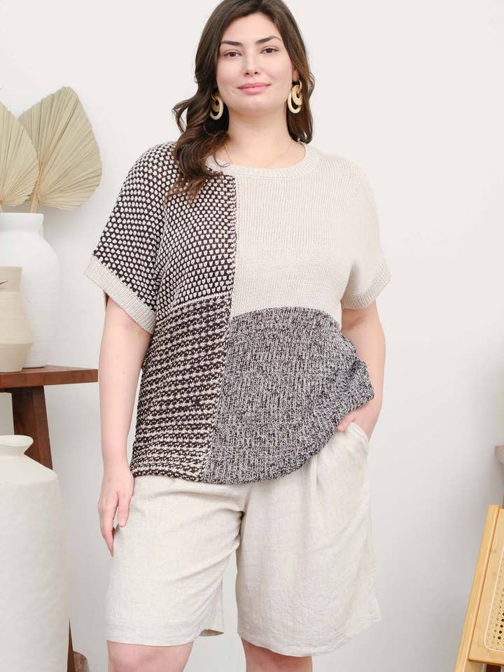 Blu Pepper - Wholesale Knit Sweater - Women's - PLUS MULTI PATTERN COLORBLOCK SHORT SLEEVE SWEATER3