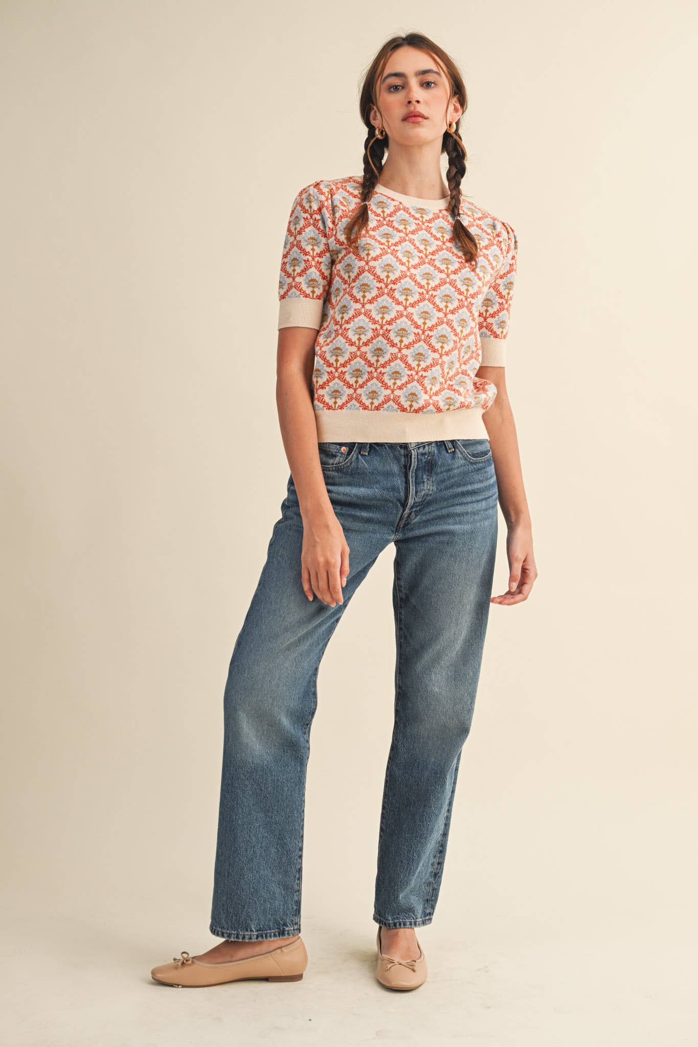 &MERCI - Wholesale Knit Sweater - Women's - FLORAL PATTERN SHORT SLEEVE SWEATER MSW1086053