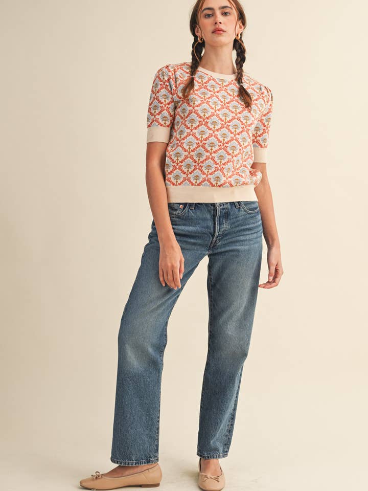 &MERCI - Wholesale Knit Sweater - Women's - FLORAL PATTERN SHORT SLEEVE SWEATER MSW1086053