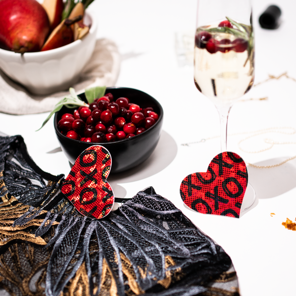Pastease® - Wholesale Nipple Pasties - Women's - Love: Shattered Glass Red with Black XO Heart Pasties4