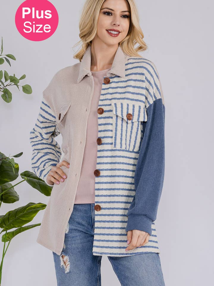 PLUS SIZE STRIPED CONTRAST BUTTON UP SHACKET -CT43874-PL for wholesale by Celeste Clothing