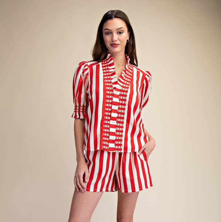 Glam - Wholesale Blouse - Women's - Ruffle V-Neck Smocked Puff Sleeve Blouse3