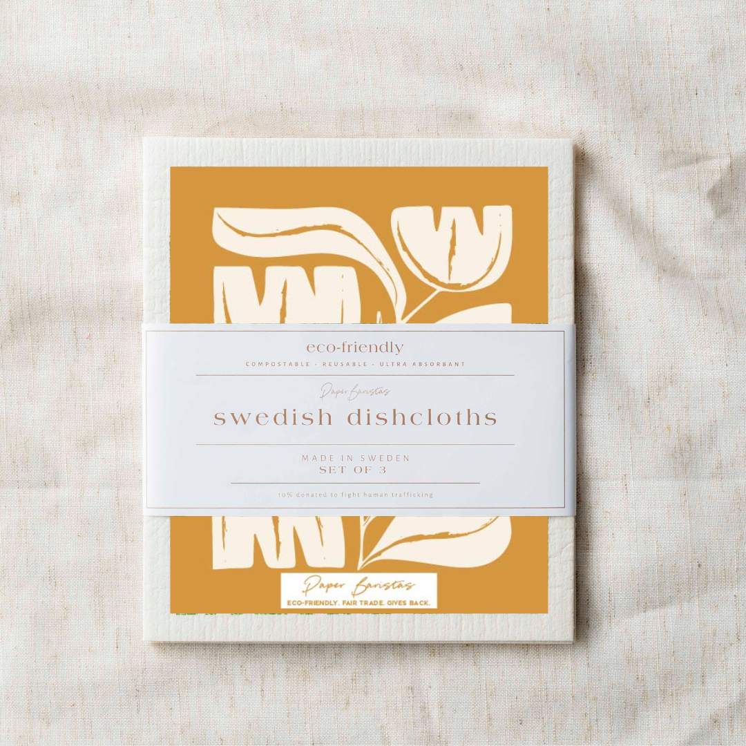 Paper Baristas - Wholesale Dishcloth - Set of 3 Swedish Dishcloth: Yellow Block Flowers1