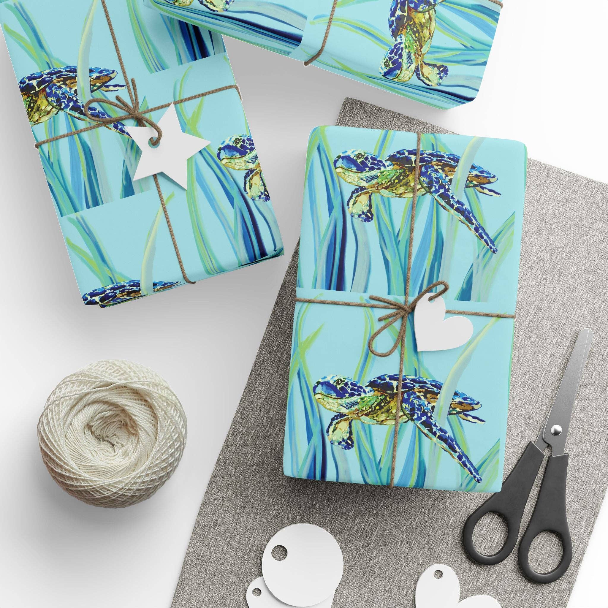 Blue Cava - Wholesale Flat Wrap - Swimming Sea Turtle Wrapping Paper11