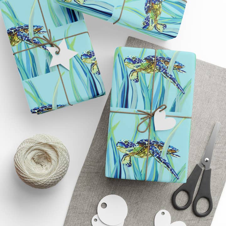 Blue Cava - Wholesale Flat Wrap - Swimming Sea Turtle Wrapping Paper11