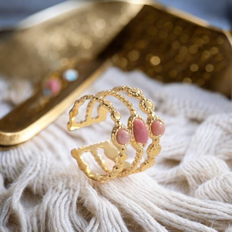 TOURMALYN – wholesale Cocktail/statement ring – “LOUXOR” adaptable pink stone stainless steel ring0