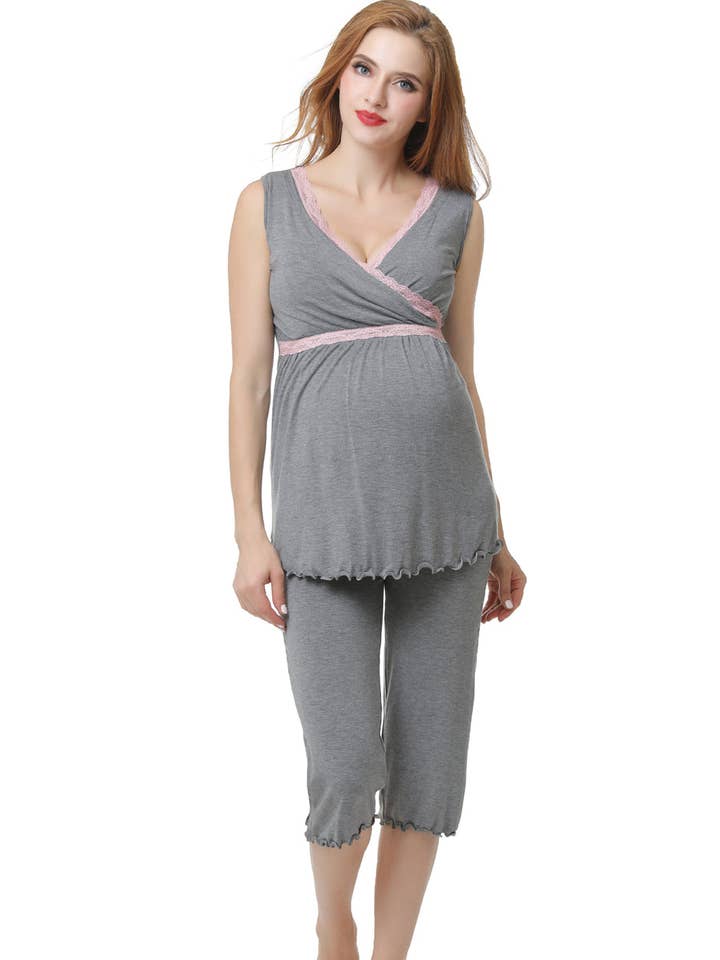 Kimi + Kai Maternity "Penny" Nursing PJ Set Dark Heather Gray for wholesale by Kimi and Kai